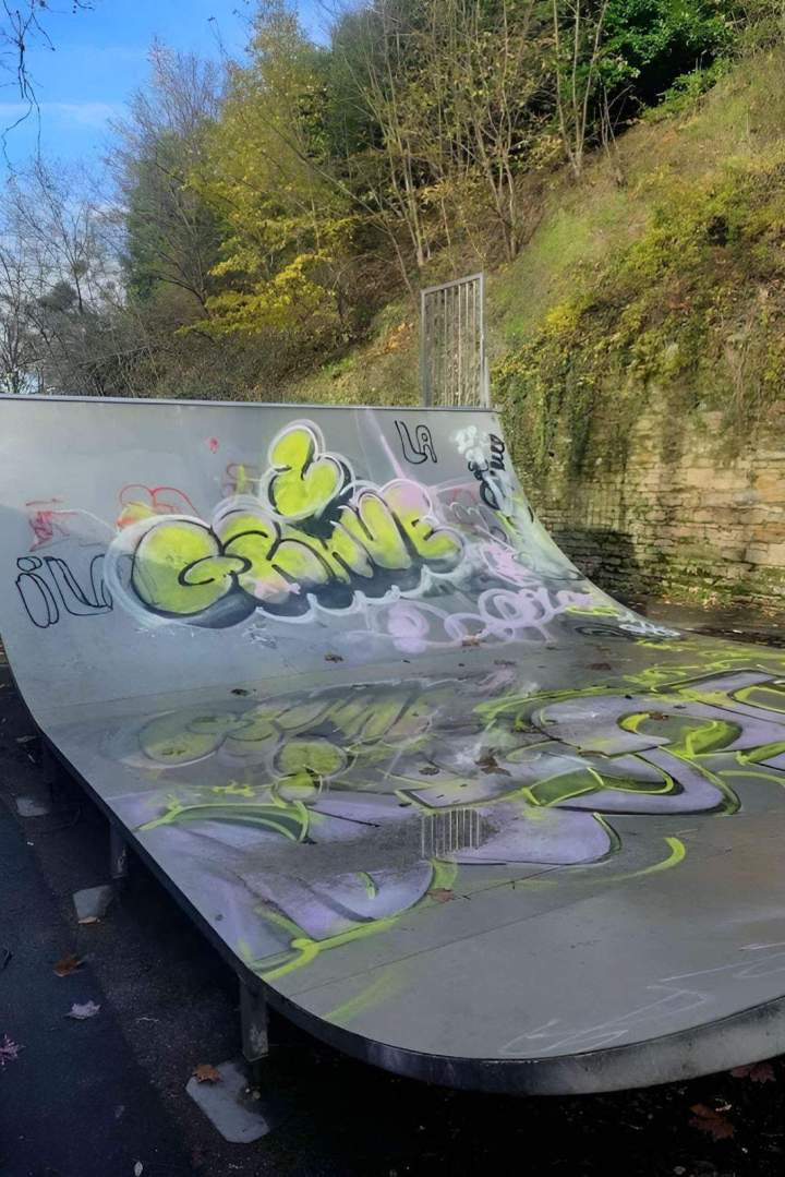 Rampe de skate en métal recouverte de tags Auvergne Rhône Alpes